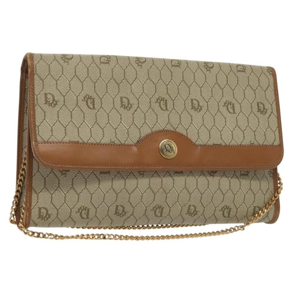 Authentic Christian Dior Honeycomb Canvas Chain Shoulder Bag PVC Beige Gold